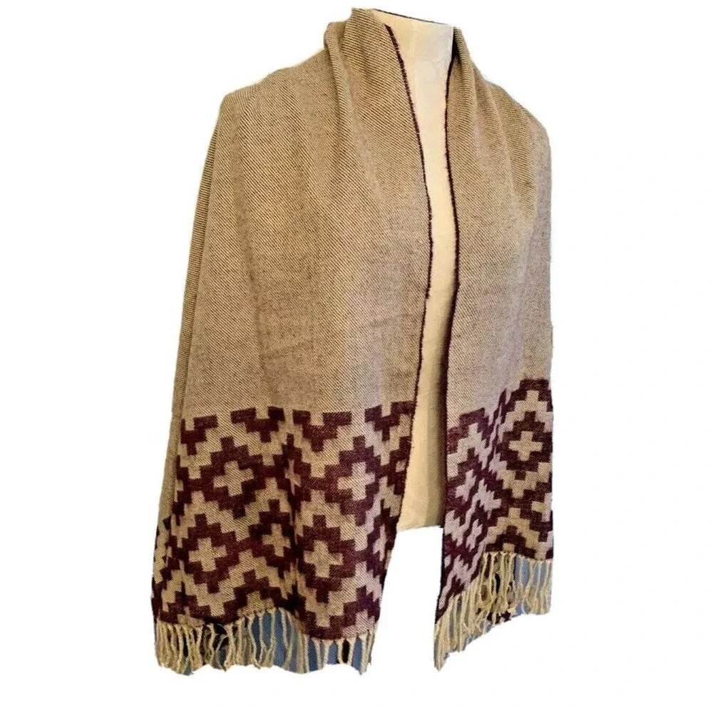 Fringed Reversible Print Merlot and Tan Shawl Wrap Scarf 64 x 29